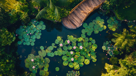 Aerial view of lotus flower and wooden bridge in the pondの写真素材