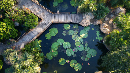 Top view of the pond with green lotus flower in the gardenの写真素材