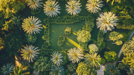 Aerial view of beautiful tropical garden and pond with palm trees - Vintage Filterの写真素材