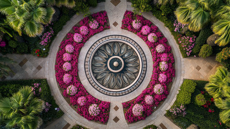 Aerial view of beautiful flower garden in the city park. Top view.の写真素材