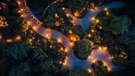 Aerial view of a winding road in the forest at night.の写真素材