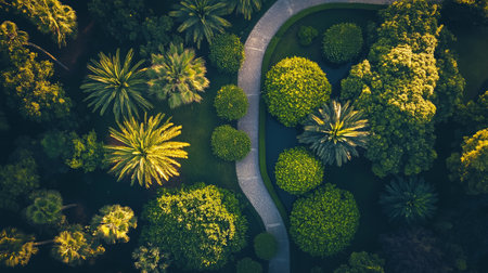 Aerial view of beautiful tropical garden with green trees and grass.の写真素材