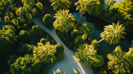 Aerial view of beautiful green tropical island with palm trees and roadの写真素材