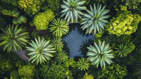 Aerial view of a tropical garden with palm trees and pond.の写真素材