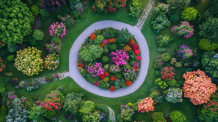Aerial view of beautiful ornamental garden with colorful flowers and pathの写真素材