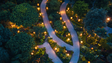 Aerial view of a road in the garden at night with lanternsの写真素材