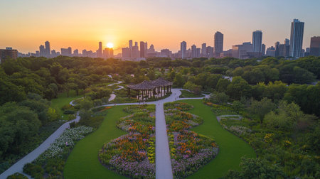 Aerial view of a park with a city skyline at sunset.の写真素材