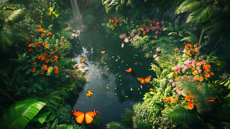 Beautiful tropical garden with butterflies and flowers. 3d rendering.の写真素材