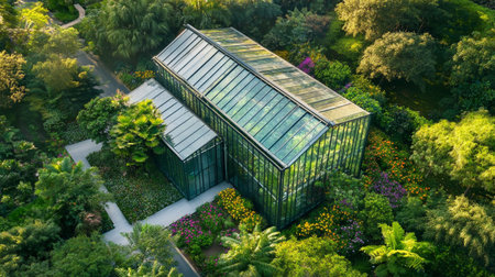 Aerial view of a beautiful green house in the garden at sunsetの写真素材