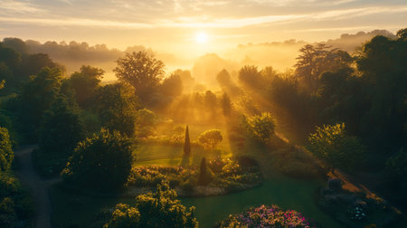 Aerial view of foggy morning in the garden. Beautiful landscape with sunbeams.の写真素材