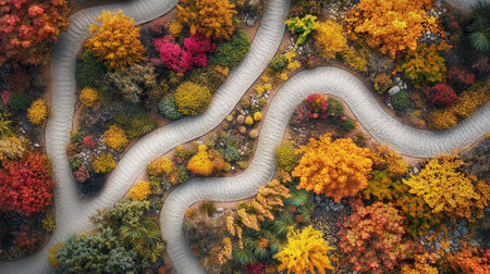 3D render of a winding road in the autumn forest with colorful treesの写真素材