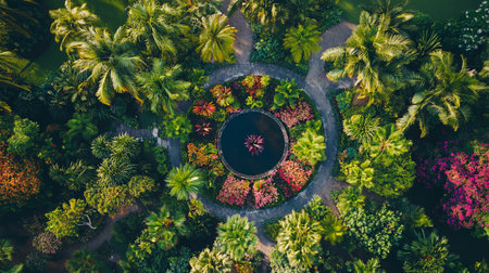 Aerial view of beautiful tropical garden with palm trees and fernsの素材