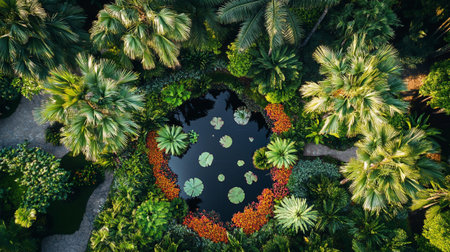 Aerial view of tropical garden with pond and water lilies.の写真素材