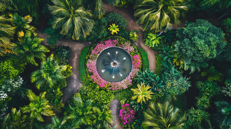 Aerial view of beautiful tropical garden with palm trees and fountainsの素材