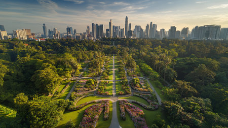 Aerial view of a park in Kuala Lumpur, Malaysia during sunsetの写真素材