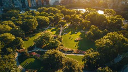 Aerial view of a beautiful green park with trees and grass.の写真素材