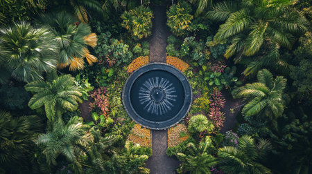 Aerial view of beautiful tropical garden with palm trees and plants.の写真素材