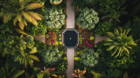 Aerial view of the garden with palm trees and flowerbed.の写真素材