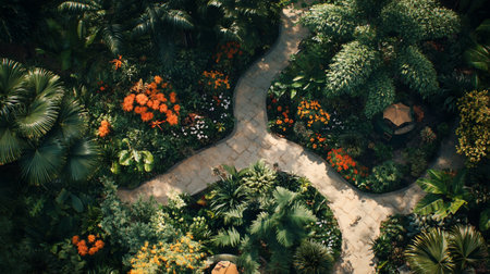 Aerial view of beautiful tropical garden. Top view of pathway in the park.の写真素材