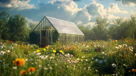 Greenhouse in a meadow with wildflowers in summer.の写真素材