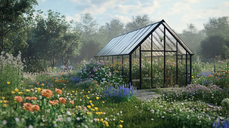Greenhouse in the garden on a sunny summer day. 3d renderingの写真素材