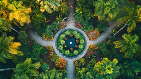 Aerial view of green tropical garden with palm trees and flowers.の写真素材