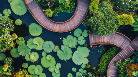 Aerial view of pond with green lotus leaf in the gardenの写真素材