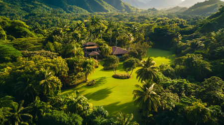Aerial view of a beautiful green golf course surrounded by palm treesの写真素材