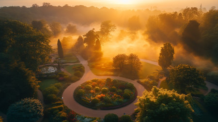 Aerial view of foggy morning in the beautiful English garden.の写真素材