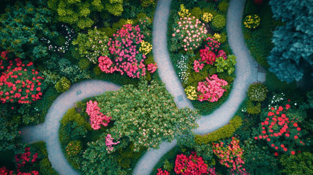 Aerial view of a beautiful blooming rhododendron gardenの写真素材