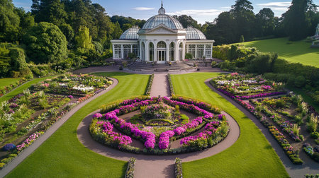 Aerial view of a beautiful blooming garden with a gazeboの写真素材