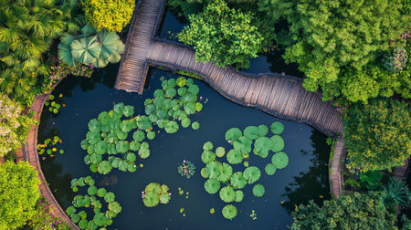 Aerial view of pond with green lotus flower in the gardenの写真素材