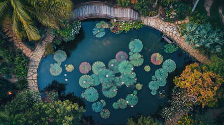 Aerial view of tropical garden with water lily pond and wooden bridgeの写真素材