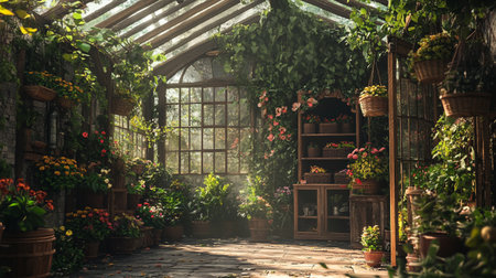 Beautiful greenhouse with flowers and plants in a sunny summer day.の写真素材