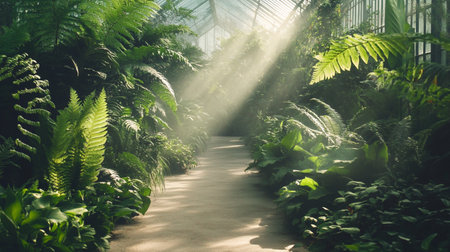 Ferns in a botanical garden with sunbeams.の写真素材