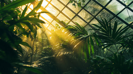 sunlight through the window of a greenhouse with palm trees and plantsの写真素材