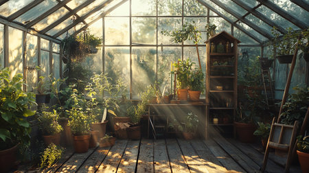 Interior of a greenhouse with plants and flowers in the sunlight.の写真素材