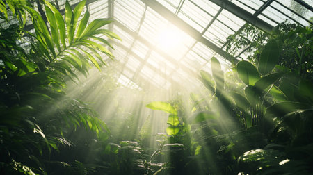 Greenhouse with sunbeams and ferns, stock photoの素材
