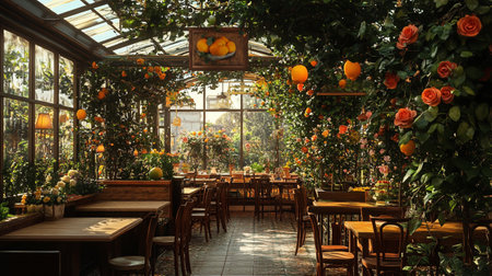 Interior of a cafe with flowers and orange decorations in the gardenの写真素材