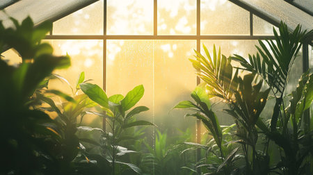 Beautiful green plants growing in a greenhouse with sunlight in the morning.の写真素材