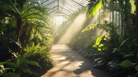 Sun rays shining through green plants in botanical garden. Sunbeams through green leaves.の写真素材