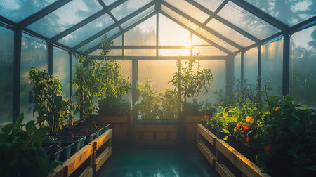 Greenhouse interior with plants growing in pots. Beautiful greenhouse interior.の素材