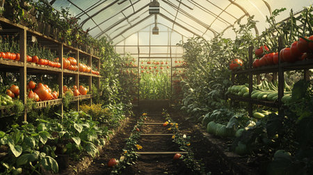 Tomatoes growing in a greenhouse. 3D rendering. Vintage tone.の写真素材
