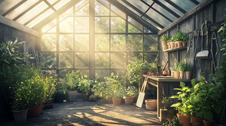 Greenhouse interior with gardening tools and flowers in pots. Toned imageの写真素材