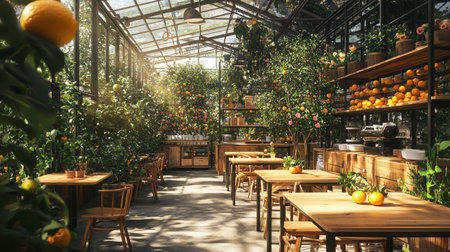 Vintage wooden table and chairs in a modern greenhouse with oranges.の写真素材
