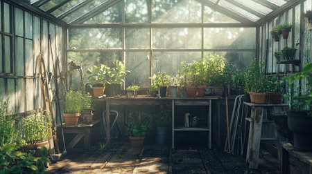 Plants in pots in a greenhouse, vintage toned image.の写真素材