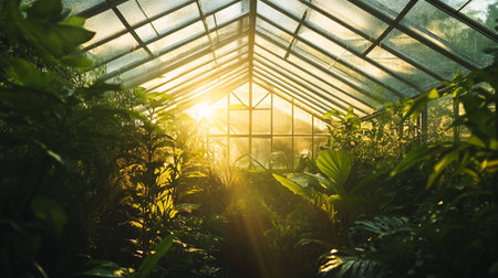Greenhouse with growing plants. Sunlight through the glasshouse.の写真素材