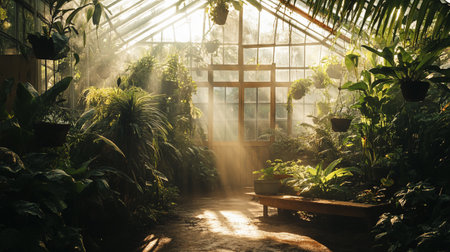 Tropical garden in a greenhouse with sun light and fog.の写真素材