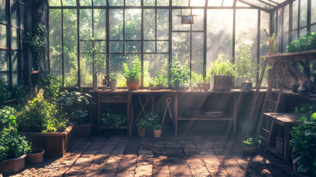 Beautiful green house in the garden with sunlight. Vintage style.の写真素材