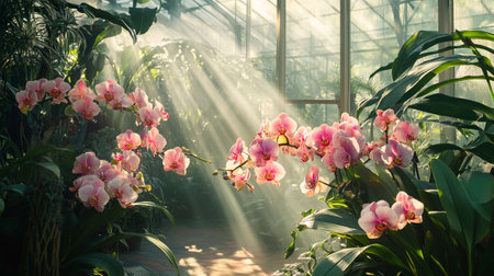 Beautiful pink orchids blooming in greenhouse, stock photoの写真素材